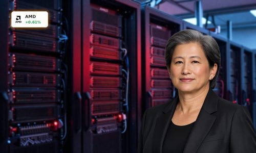 Advanced Micro Devices AI Strategy visualized through futuristic GPU and CPU-powered data center racks.