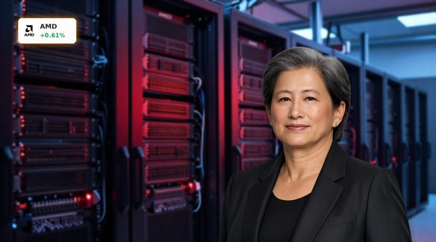 Advanced Micro Devices AI Strategy visualized through futuristic GPU and CPU-powered data center racks.