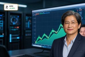 Trading floor and AI data center backdrop illustrating AMD AI Forecast rally and chip boom outlook