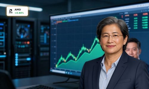 Trading floor and AI data center backdrop illustrating AMD AI Forecast rally and chip boom outlook