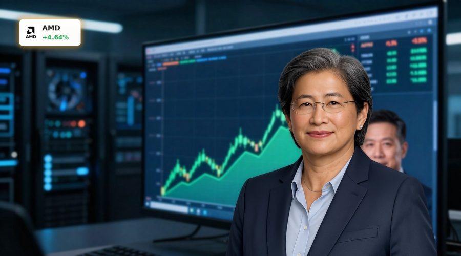 Trading floor and AI data center backdrop illustrating AMD AI Forecast rally and chip boom outlook