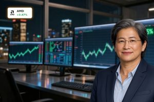 Advanced Micro Devices Forecast visualized with a rising AI-driven stock chart on trading screens.