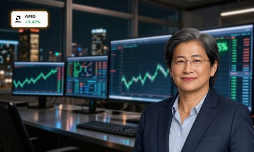 Advanced Micro Devices Forecast visualized with a rising AI-driven stock chart on trading screens.
