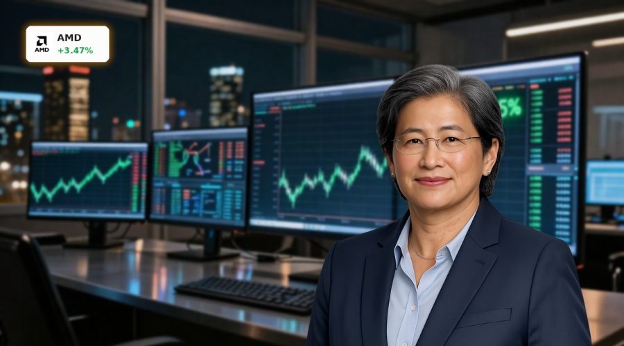 Advanced Micro Devices Forecast visualized with a rising AI-driven stock chart on trading screens.