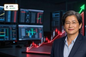 AMD Record rally visualized by a soaring candlestick chart on a trading screen amid AI-driven market momentum.