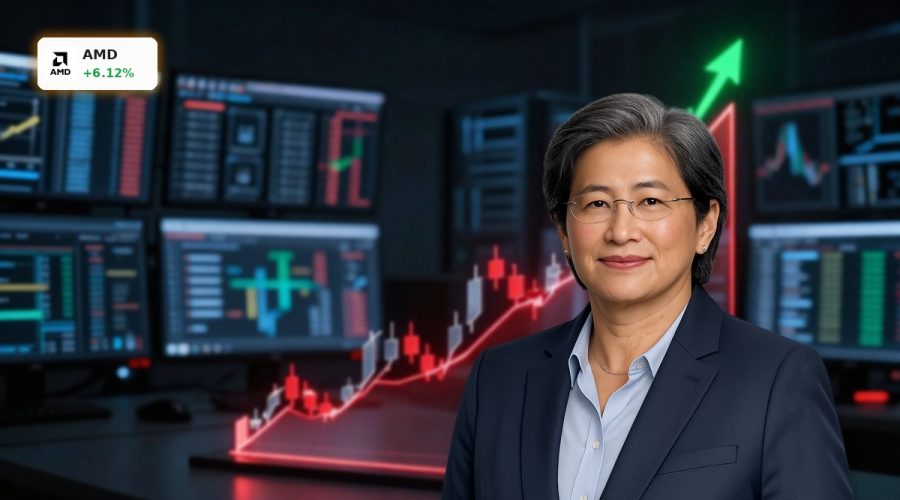 AMD Record rally visualized by a soaring candlestick chart on a trading screen amid AI-driven market momentum.