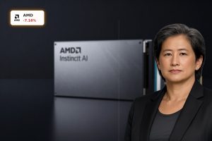 AMD OpenAI sell-off concept with AMD Instinct GPU and EPYC CPU AI chips under dramatic lighting