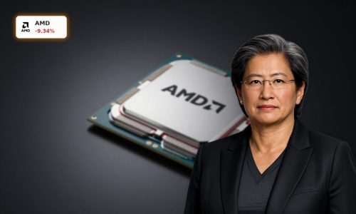 AMD Plunge as AI semiconductor chip hardware is staged in dark cinematic lighting amid sector sell-off