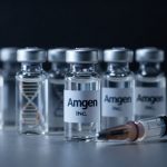 Amgen Earnings concept with premium biotech drug vials under dramatic lighting