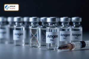 Amgen Earnings concept with premium biotech drug vials under dramatic lighting