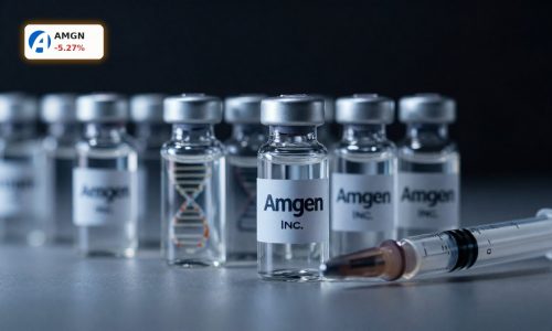 Amgen Earnings concept with premium biotech drug vials under dramatic lighting
