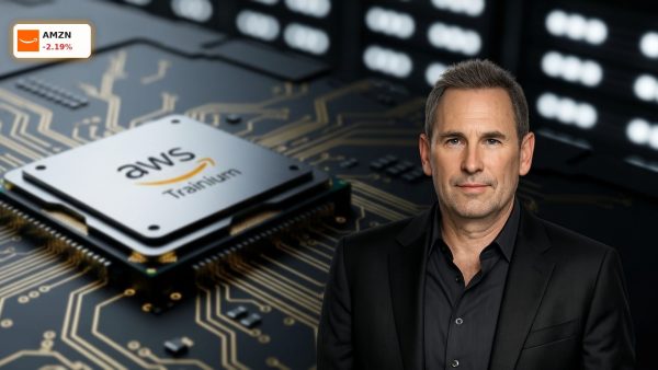 Amazon AI Strategy represented by a custom AWS Trainium microchip on a glowing high-tech circuit board.