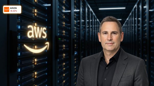 A massive AWS data center with glowing servers, representing the high capex focus for the upcoming Amazon Earnings.