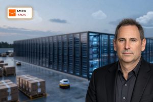 Amazon AI Strategy visualized with massive data centers and logistics hub highlighting capex and AWS growth focus
