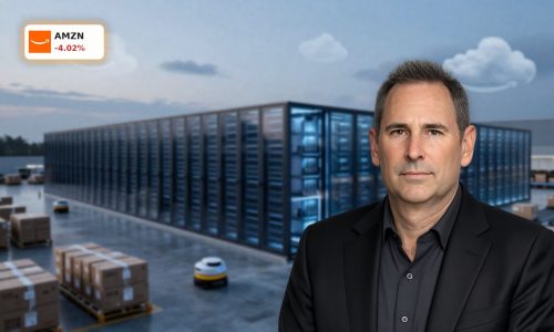 Amazon AI Strategy visualized with massive data centers and logistics hub highlighting capex and AWS growth focus
