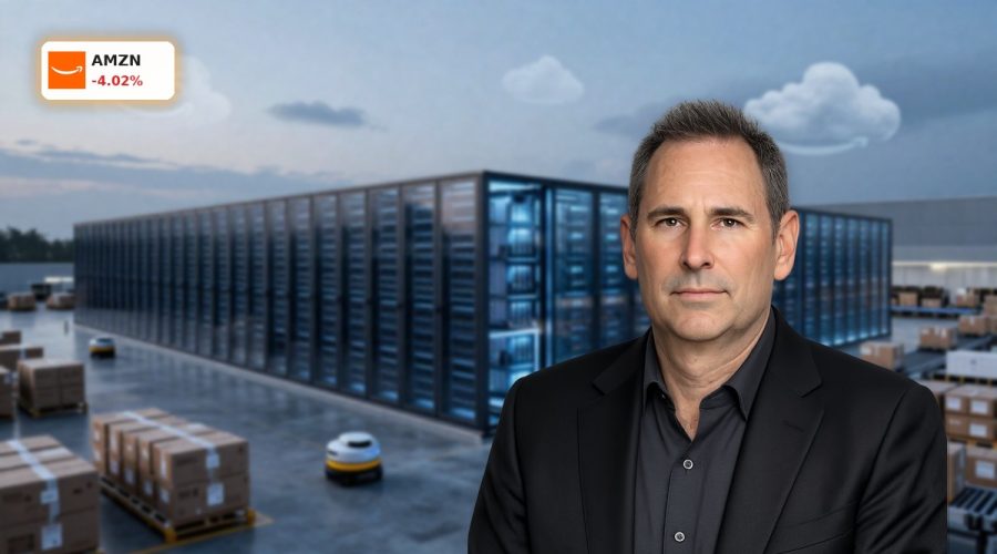Amazon AI Strategy visualized with massive data centers and logistics hub highlighting capex and AWS growth focus