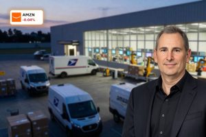 Amazon Logistics Deal hub with USPS truck and AI-enabled parcel operations
