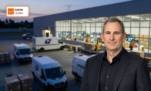 Amazon Logistics Deal hub with USPS truck and AI-enabled parcel operations