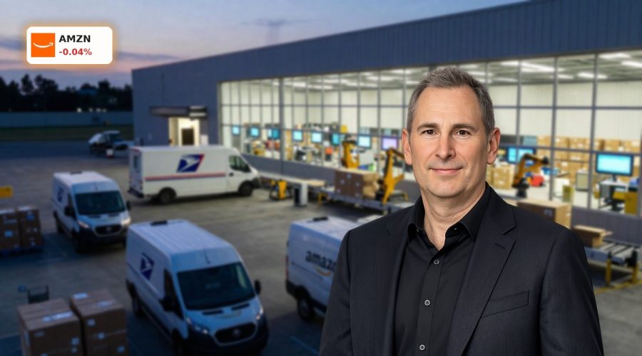 Amazon Logistics Deal hub with USPS truck and AI-enabled parcel operations