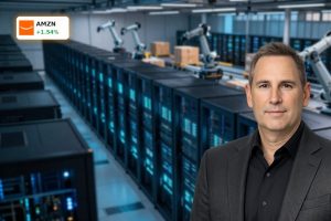 Amazon AI Strategy visualized with advanced data center and warehouse robotics infrastructure