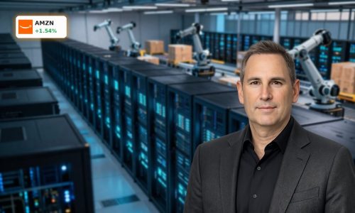 Amazon AI Strategy visualized with advanced data center and warehouse robotics infrastructure
