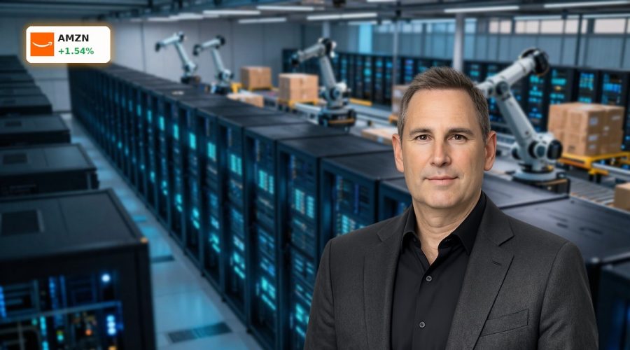 Amazon AI Strategy visualized with advanced data center and warehouse robotics infrastructure