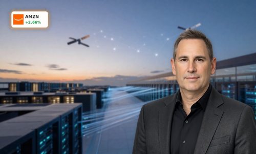 Amazon AI Strategy visualized with advanced data centers and satellites powering global cloud growth.