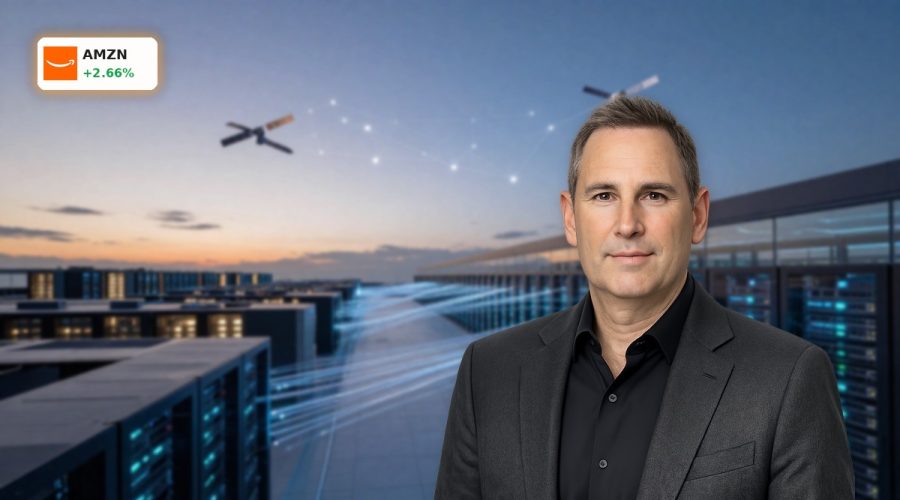 Amazon AI Strategy visualized with advanced data centers and satellites powering global cloud growth.