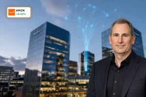 Amazon AI Partnership with OpenAI visualized by futuristic AWS-focused headquarters skyline