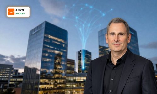 Amazon AI Partnership with OpenAI visualized by futuristic AWS-focused headquarters skyline