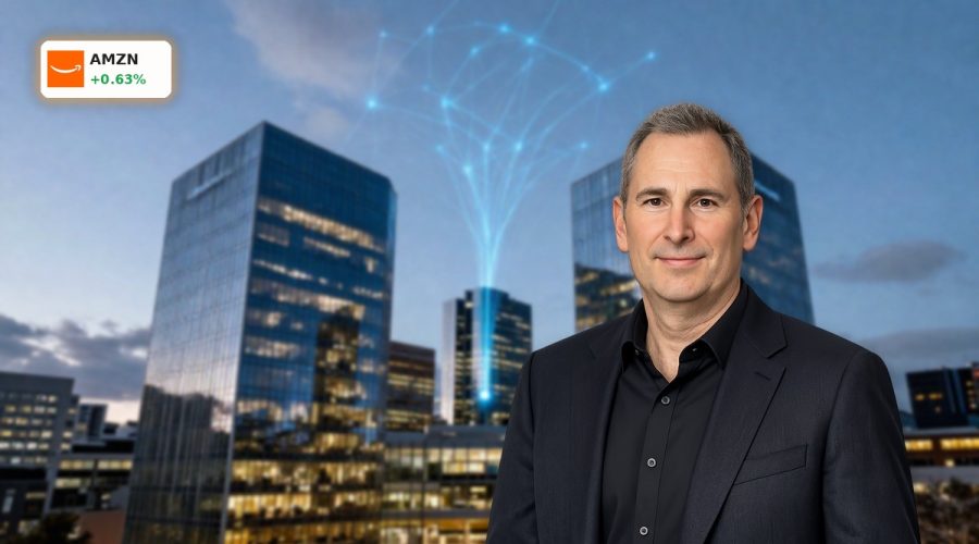 Amazon AI Partnership with OpenAI visualized by futuristic AWS-focused headquarters skyline