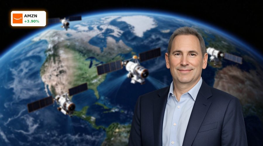 Amazon Globalstar Acquisition visualized with LEO satellites linking to a cloud data center, symbolizing expanded global connectivity