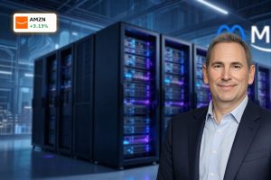 High-tech cloud data center symbolizing the Amazon Meta AI Deal and AWS Graviton-powered AI infrastructure.