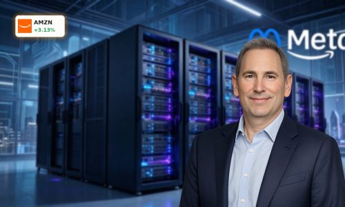 High-tech cloud data center symbolizing the Amazon Meta AI Deal and AWS Graviton-powered AI infrastructure.