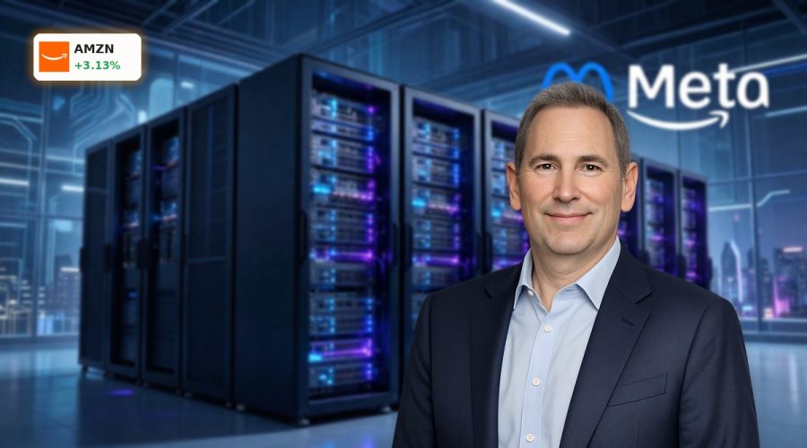 High-tech cloud data center symbolizing the Amazon Meta AI Deal and AWS Graviton-powered AI infrastructure.