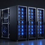 Applied Digital Data Center AI server racks and cooling infrastructure in a premium dark product-style scene