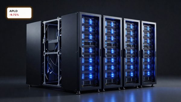 Applied Digital Data Center AI server racks and cooling infrastructure in a premium dark product-style scene