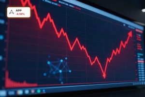 AppLovin Forecast visualized by a dramatic stock chart swing amid AI adtech volatility.