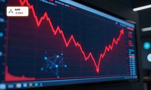 AppLovin Forecast visualized by a dramatic stock chart swing amid AI adtech volatility.