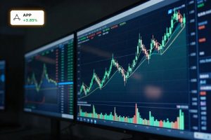 Volatile tech stock candlestick chart symbolizing AppLovin Forecast rebound after 50% crash
