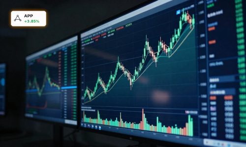 Volatile tech stock candlestick chart symbolizing AppLovin Forecast rebound after 50% crash