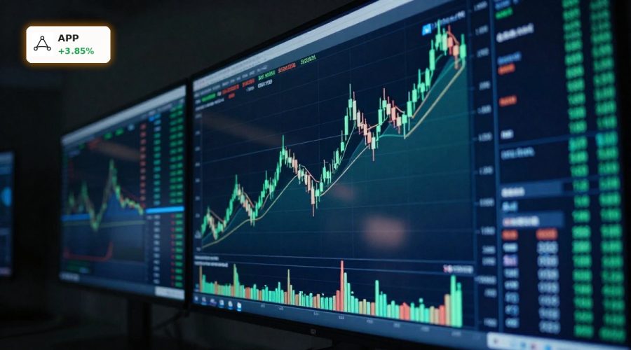 Volatile tech stock candlestick chart symbolizing AppLovin Forecast rebound after 50% crash