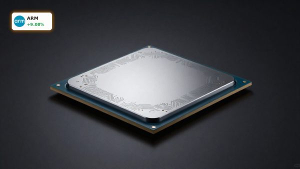 Arm Holdings AI Rebound highlighted by a premium AI semiconductor chip on a dark studio background