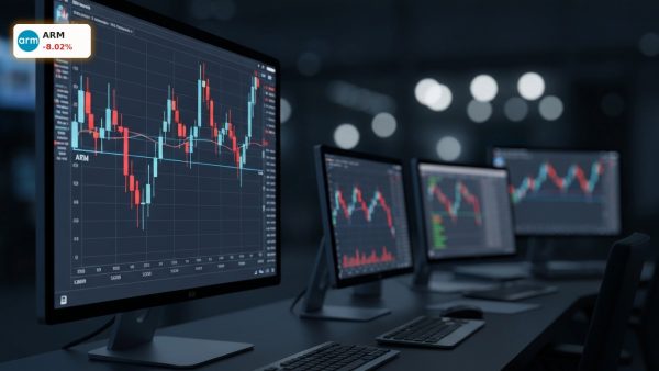 A falling financial stock chart representing the Arm Holdings Sell-off with red candlesticks.