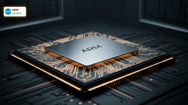 Close-up of a high-tech Arm processor chip, highlighting Arm Holdings Analyst Ratings amid the AI boom.