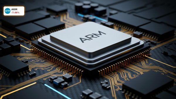 An advanced Arm AI microprocessor chip on a circuit board ahead of the highly anticipated Arm Earnings report.