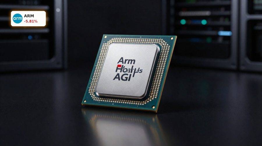 Arm Holdings AGI CPU server chip on dark background highlighting AI data center power-efficiency