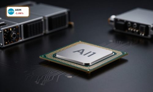 Arm Holdings Physical AI chip powering robots and autonomous vehicles in premium dark studio setting