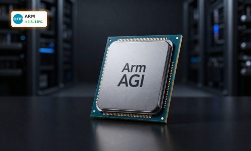 Arm Holdings Data Center AI AGI CPU chip staged with server rack backdrop for hyperscaler demand theme