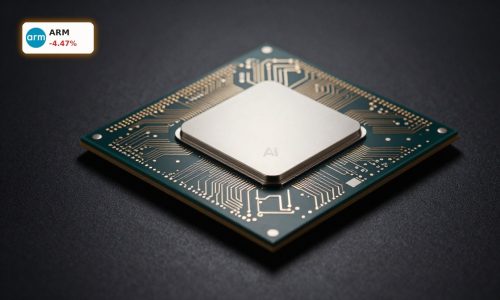 Arm Holdings Chip Selloff concept with premium AI semiconductor chip on dark background